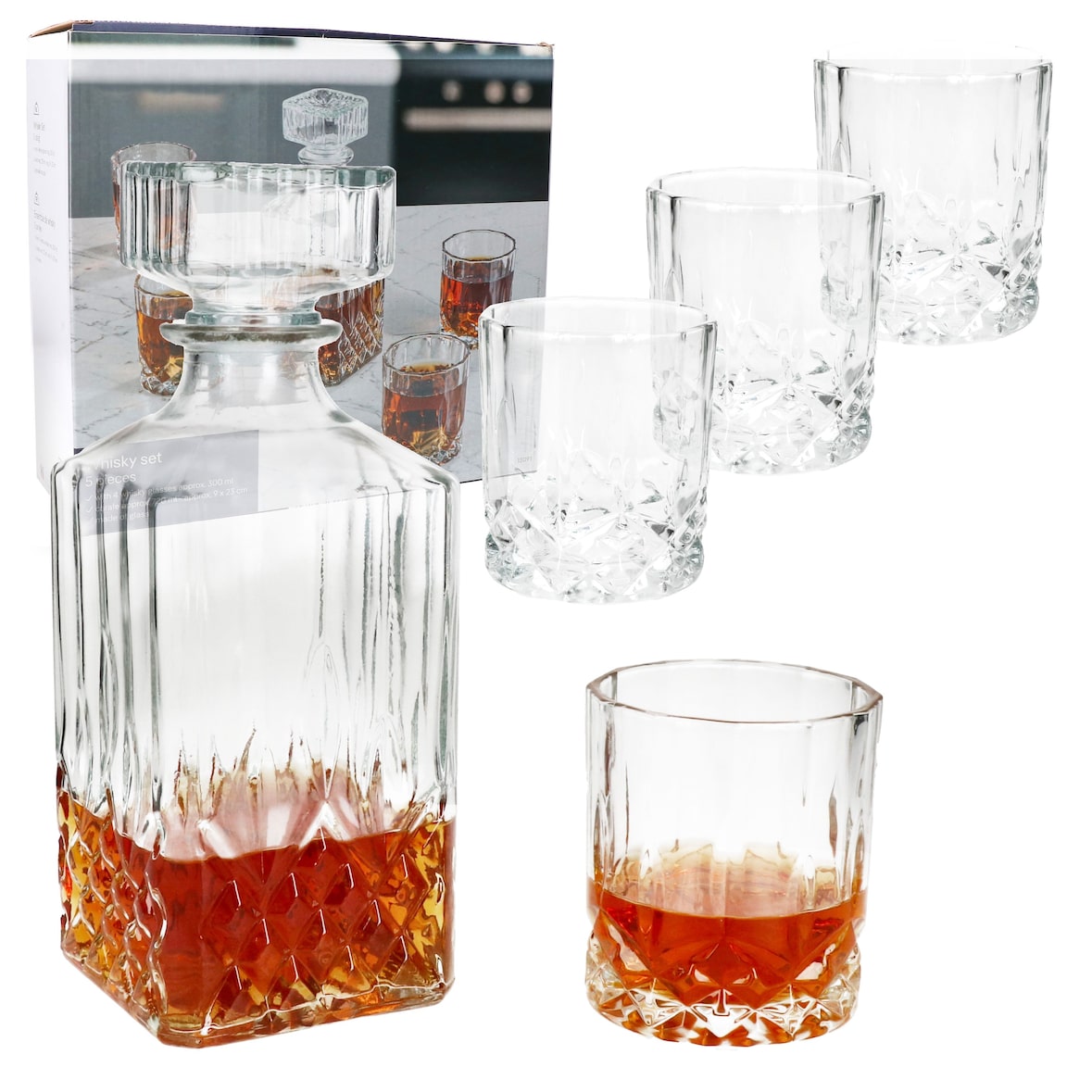 5tlg Set Whilly Whiskykaraffe 720ml + 4 Tumbler 300ml Dekanter Deckel Glasschliff