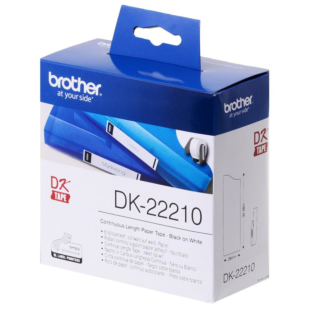 Brother DK22210 - Etiquetas Originales de Tamaño personalizado - Ancho 29mm x 30,48 metros - Texto negro sobre fondo blanco