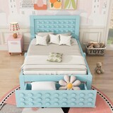 thumbnail of Einzelbett 90x200 aus Massivholz mit Stauraum und Schublade, Holzbett im kreativen Blockdesign, stabiles Bett mit Lattenrost, modernes Design Blau