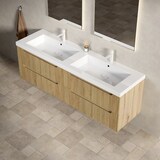 thumbnail of Badezimmer-Waschtisch 53×160×46 cm mit 2 integrierten Waschbecken aus Kunststein im weißen Eichen-Look, mit Soft-Close-Schubladen