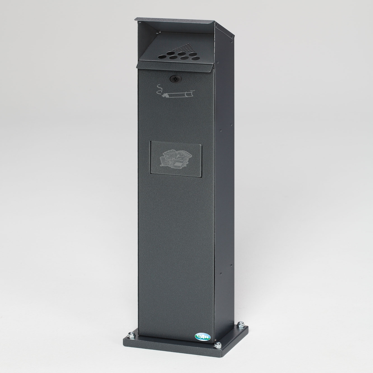 PROREGAL Kombiascher Standsäule für Außenbereich | HxBxT 115x18x15cm | Verzinkter Stahl | Grau | Mülleimer Aschenbecher Abfalleimer