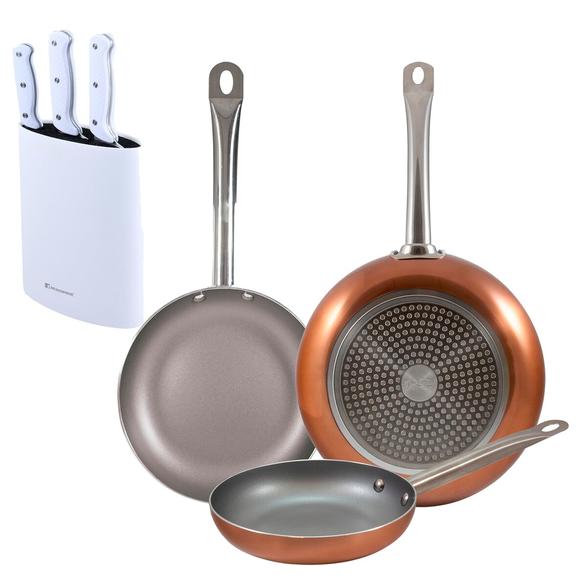 BERGNER - Set 3 Padelle in Alluminio Pressato Ø18/22/26cm Adatte per Induzione Optimum Plus con Set 3 coltelli con supporto in acciaio inossidabile