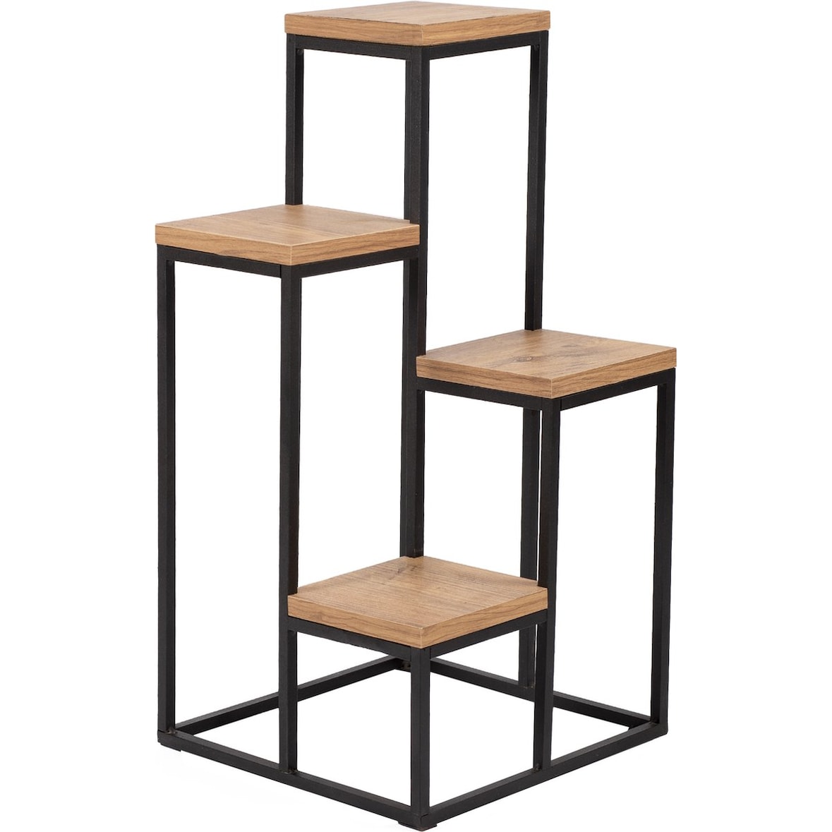 Metalen Plantentafel met Houten Etagères - 34 x 34 x 67 cm - Plantenrek - Tuin Etagere - Plantenzuil - Vierkant