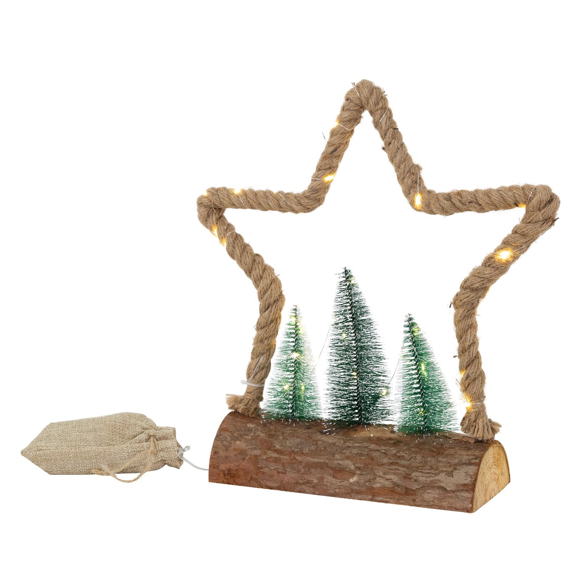 ECD Germany LED-Jute-Stern 33x9,5x30 cm mit 30 warmweißen LEDs, Deko Weihnachtsstern aus Seil mit 3 Tannen & Jutesäckchen, batteriebetrieben mit