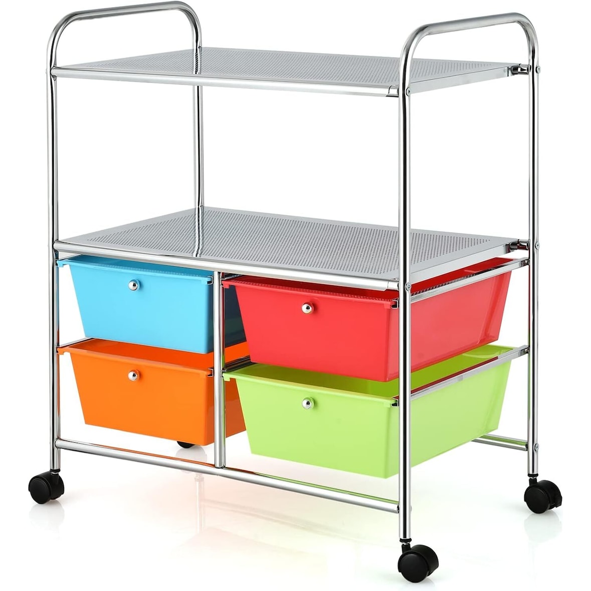 COSTWAY Rollwagen mit 4 stapelbaren Schubladen, Schubladenwagen, Rollcontainer mit Metallrahmen und Regalen