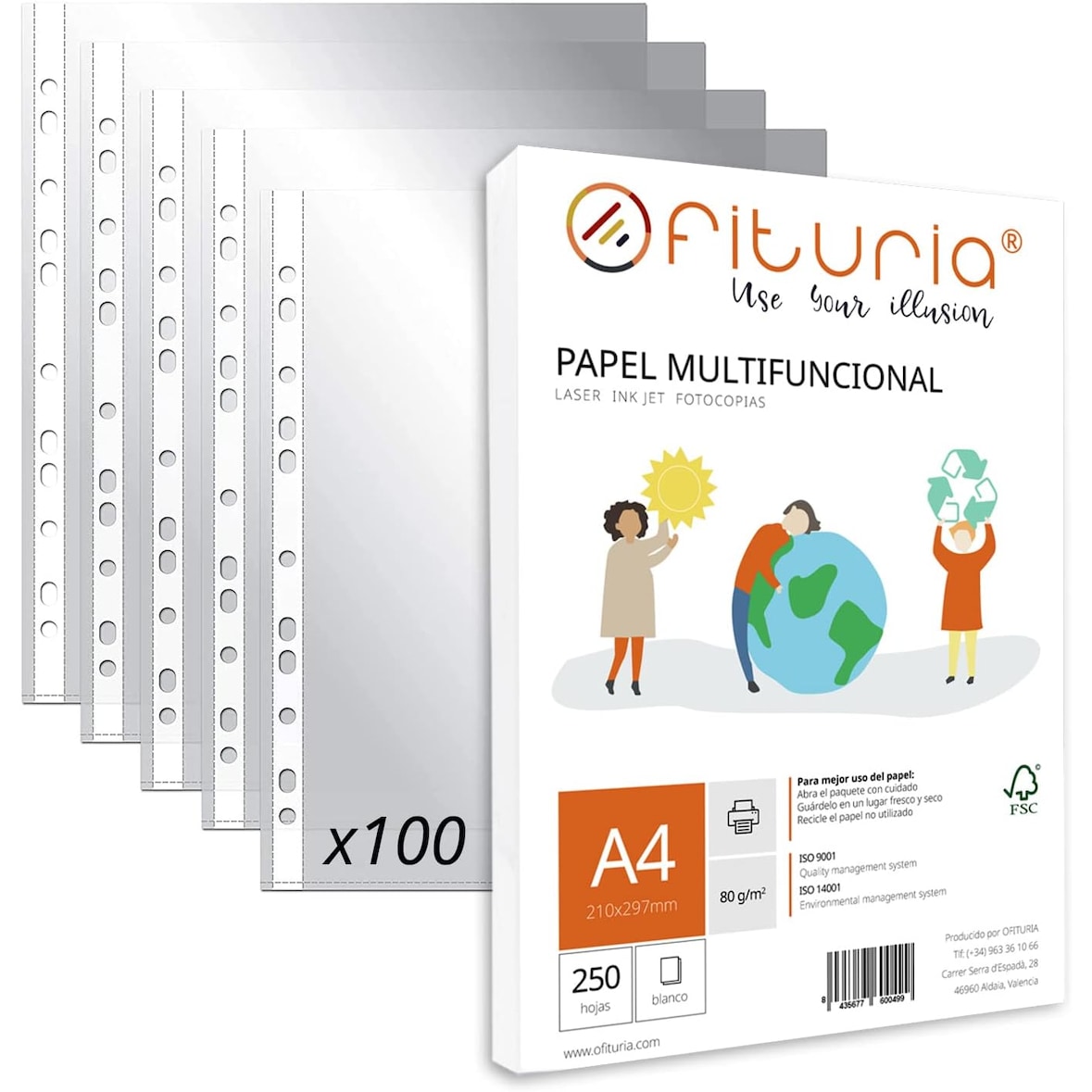 Fundas Plástico A4 Transparente, 100 Fundas Multitaladro Plástico para Folios + Paquete de Folios A4 con 250 Hojas de 80gr Multiusos - Ofituria