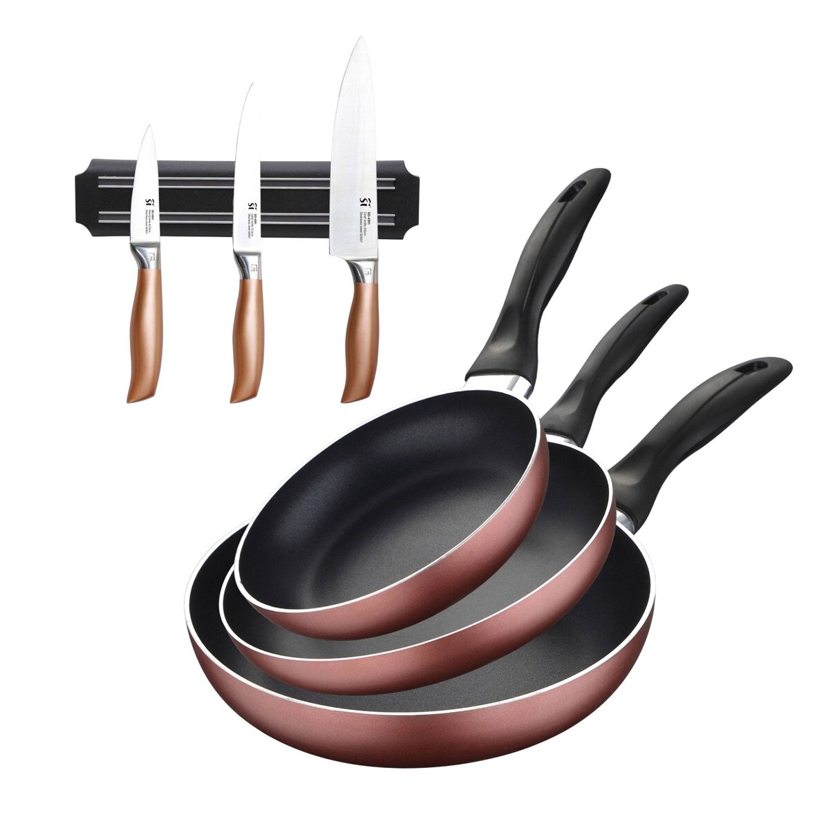 Bergner - Set di 3 padelle Ø16/20/24cm in alluminio pressato Paradise per induzione, con set di 3 coltelli in acciaio inox e supporto magnetico