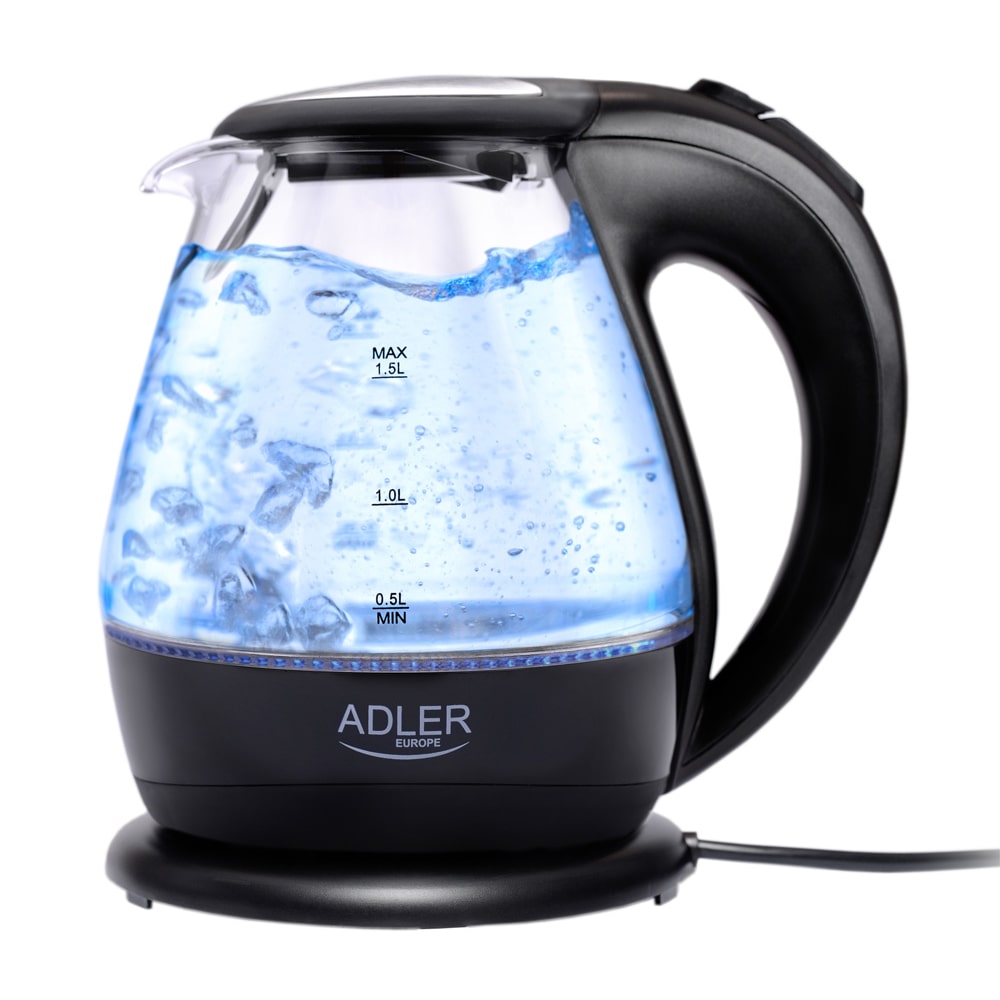 Adler AD 1224 Hervidor Agua Eléctrico 1,5 Litros Jarra Cristal Inalámbrica Retroiluminada, Apagado Automático, Negro, 2200W
