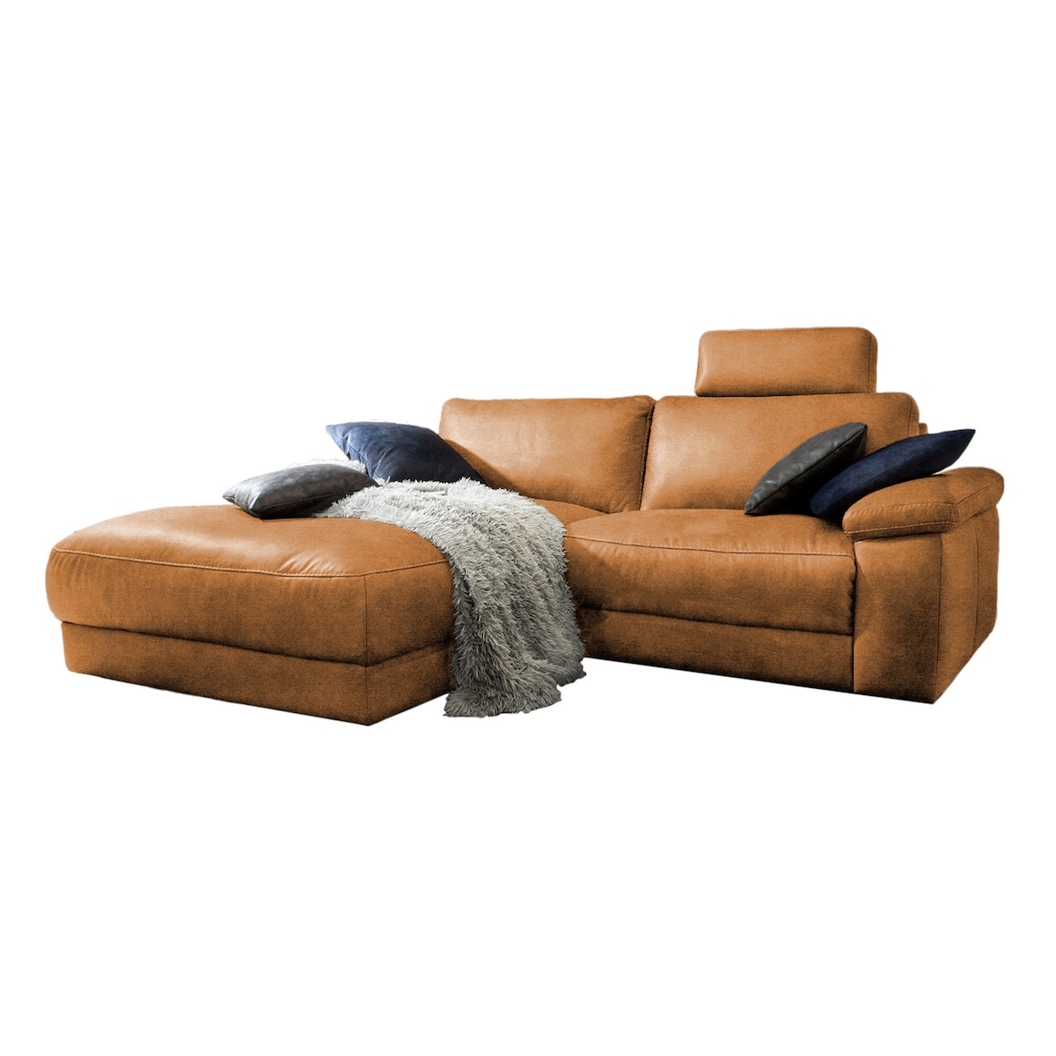 KAWOLA Sofa LOLA Ecksofa Leder cognac mit motorischer Relaxfunktion Recamiere links