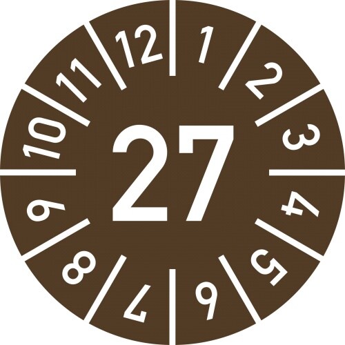 Dreifke® Prüfplakette Jahr 27 mit Monaten, braun, Folie, Ø 25 mm, 10 St./Bo.