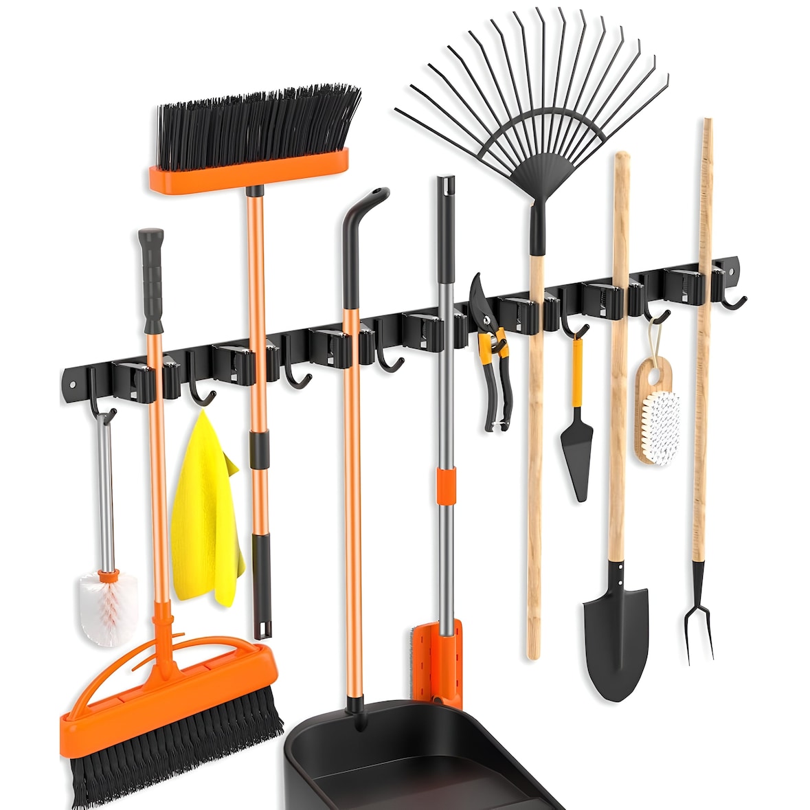 TOJ Living Gereedschapshouder – 7 houders & 8 haken – 82 cm – RVS – Mat zwart – Bezemhouder