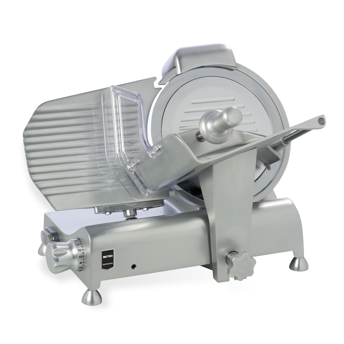 METRO Professional Trancheuse GFS1025, Aluminium / Acier inoxydable, 19.5 x 14 cm, 180 W, Couteau Ø 25 cm, Epaisseur de coupe : 1-15mm, argenté