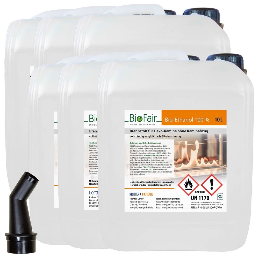 Bioethanol 100% im 10-Liter-Kanister für Ethanol-Kamine-6 x 10 Liter