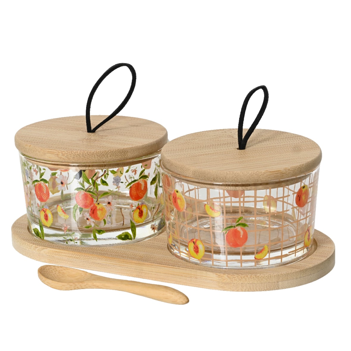 Servierschalen mit Deckel und Serviertablett 7x20x10cm Glas Bambus Set Pfirsich Motiv Glasschälchen Snackschalen Dipschalen Schälchen Servierplatte