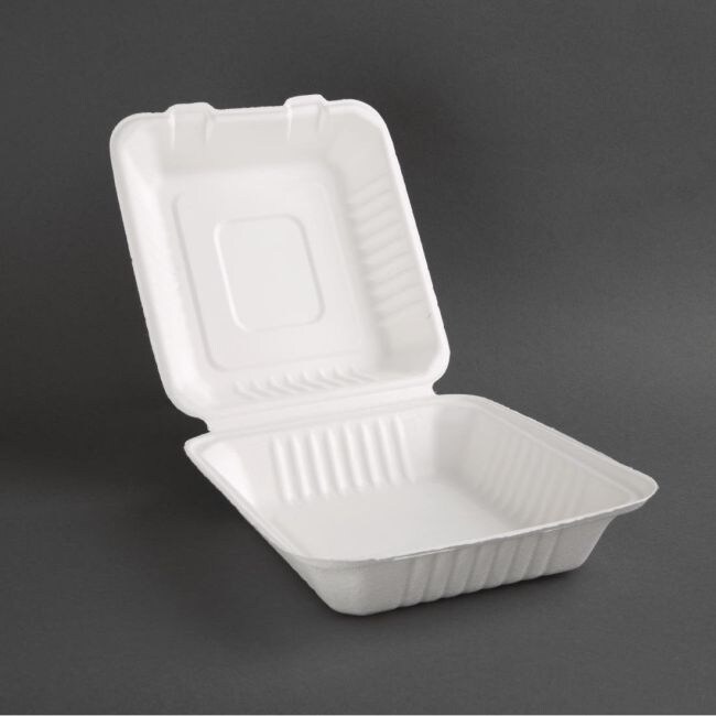 Fiesta kompostierbare Mahlzeitendosen aus Bagasse mit Scharnierdeckel, 22,3 cm (200 Stück)