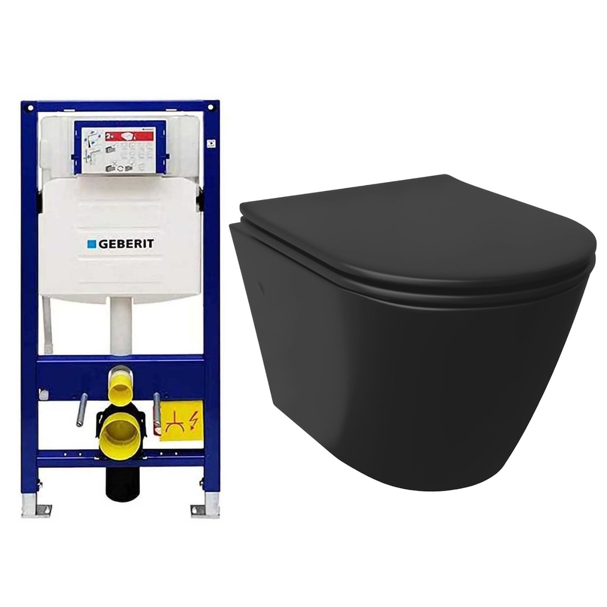 Alpenberger Spülrandloses Hänge WC Komplettset | Wand WC Schwarz Matt mit Geberit Spülkasten WC Vorwandelement Set | Kloschüssel mit Toilettendeckel