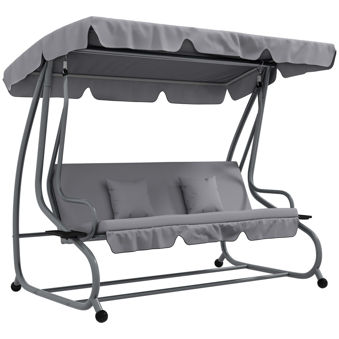 Outsunny balancín de jardín exterior de 3 plazas convertible en cama con toldo ajustable soportes y 2 almohadas carga 340 kg 200x120x164 cm gris