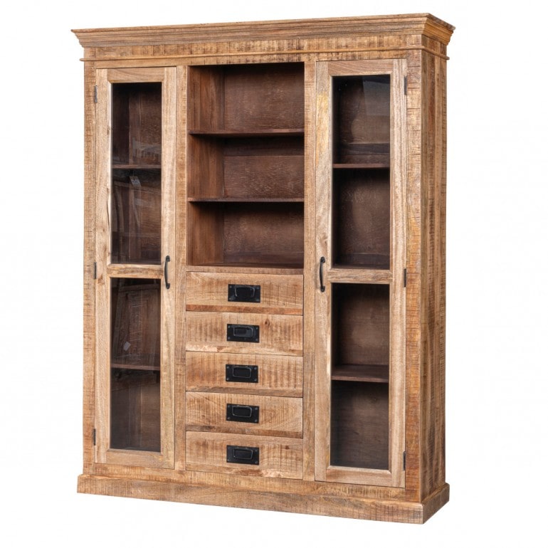 Vitrine Living em madeira maciça com 2 portas com vidro e puxador, 5 gavetas com puxadores em metal, 3 prateleiras abertas - 166x50x212cm