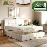 thumbnail of Bett NEGAD - Stoff Creme 194x206x30 cm | Bett 180x200 Polsterbett Mit Bettkasten Gepolsterte Kopfteil Steppnähte Massivholzrahmen