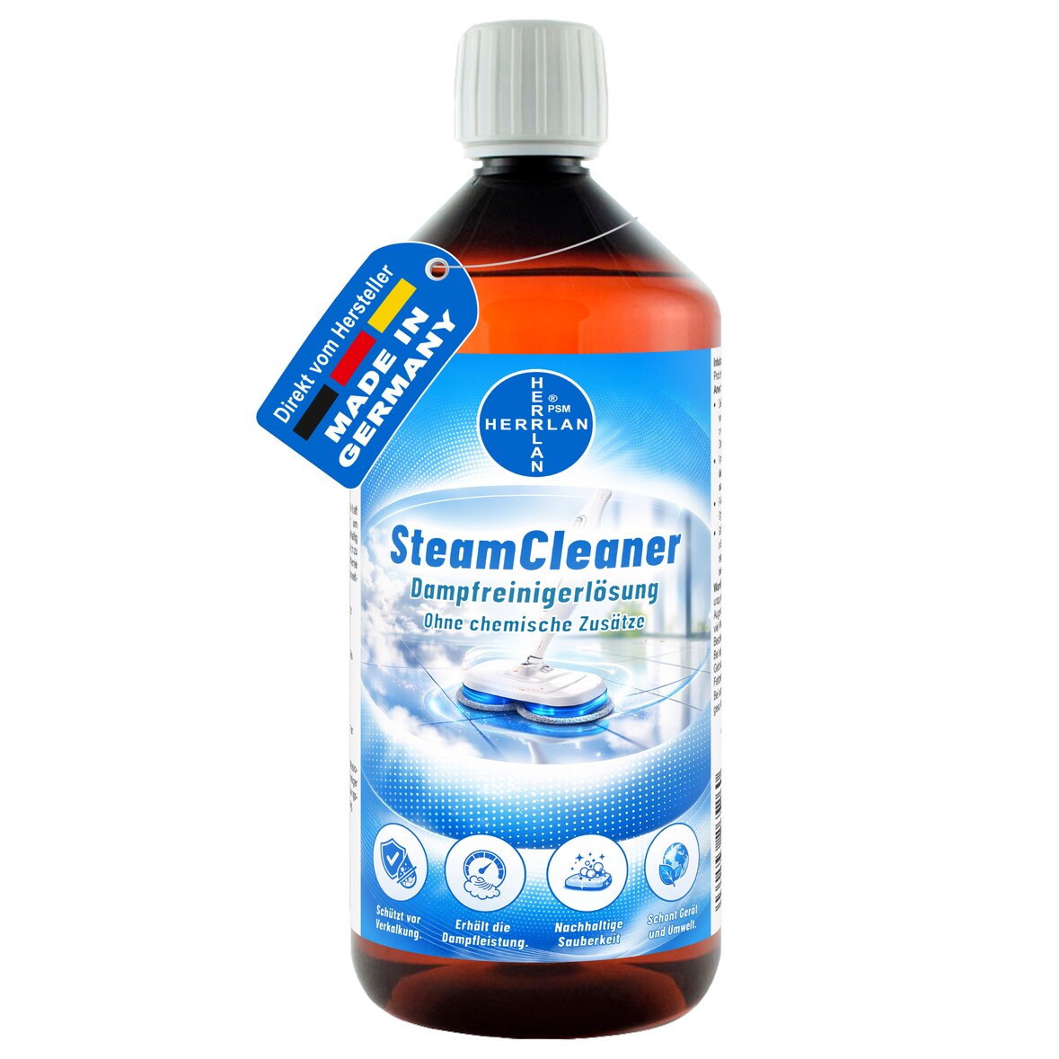 HERRLAN® SteamCleaner - 1 Liter HOCHLEISTUNGS Dampfreinigerlösung - CHEMIKALIENFREI - Probiotischer Reiniger für Dampfreiniger