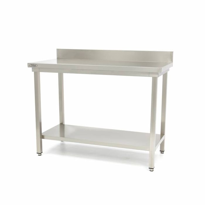Table en acier inoxydable – 60 x 60 cm - hauteur réglable - avec dosseret et étagère de rangement