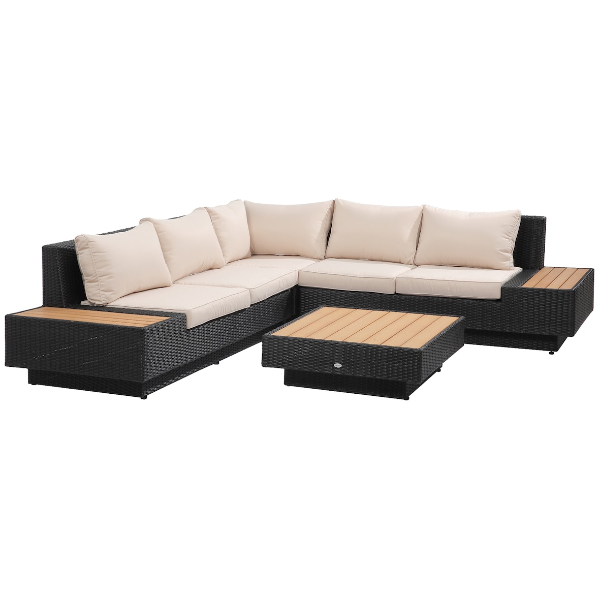 Loungeset aus Kunststoffrattan und Polyester in Schwarz, 4-teilig, mit Beistelltisch, Seitenablagen und 10 cm Polstern