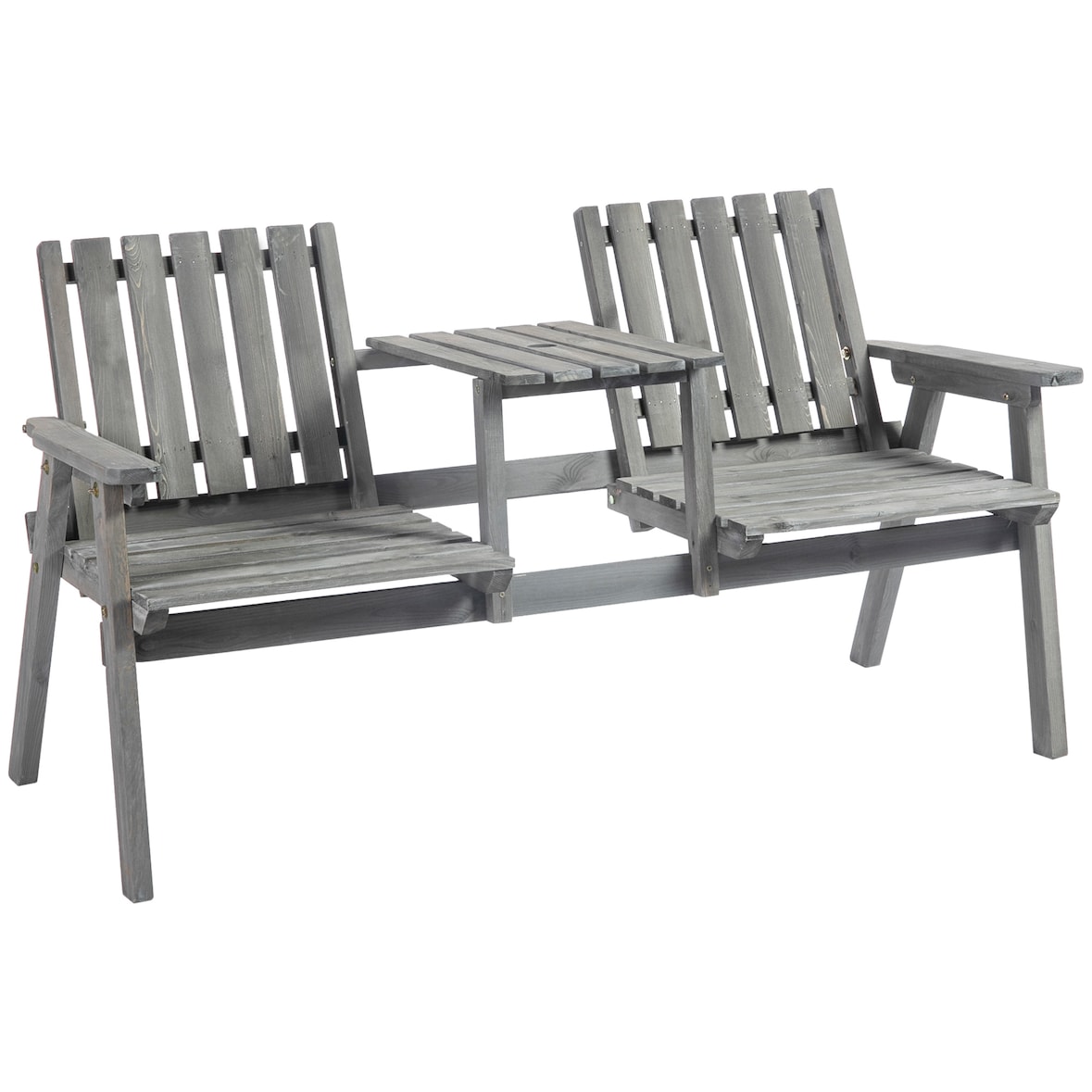 Gartenbank aus Holz in Grau, 152x70x83 cm, 2-Sitzer mit integriertem Tisch und Regenschirmloch