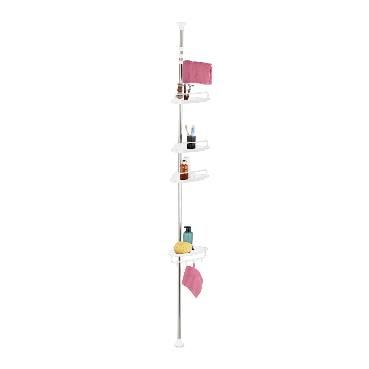 Relaxdays Duschregal Teleskop, H: 99–311 cm, ohne Bohren, zum Klemmen, für Ecke, 4 Duschablagen, Handtuchstange, weiß