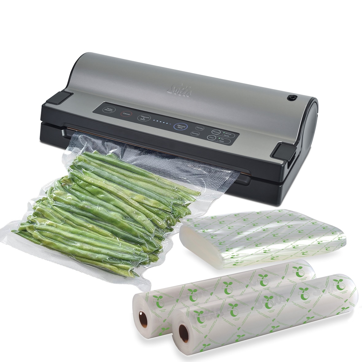 Solis Vakuumiergerät mit Marinierfunktion, Set inkl. 60 Beutel & 4 Rollen