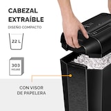 thumbnail of Destructora trituradora de papel Fellowes LX65, uso personal, destruye hasta 10 hojas en partículas 4x40mm, Din P-4, papelera 22 litros/303 hojas