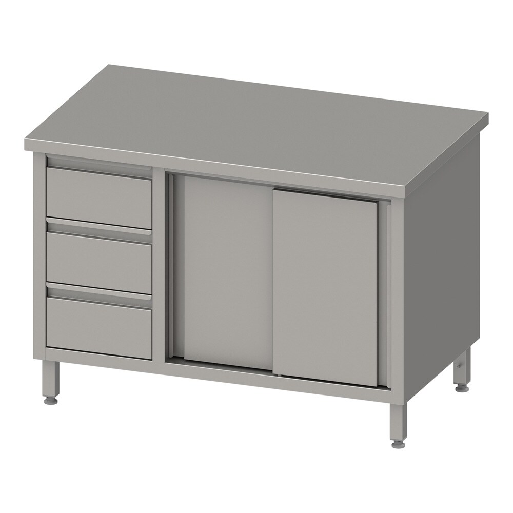 Stalgast Edelstahl Arbeitsschrank mit Schiebetüren, 1600x700x850 mm, mit 3er Schubladenblock links, ohne Aufkantung, verschweißt