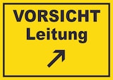 thumbnail of Vorsicht Leitung mit Richtungspfeil rechts oben Schild A0 Rückseite selbstklebend