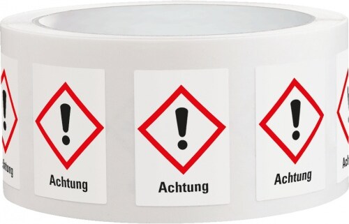 Aufkleber I Gefahrensymbol Ausrufezeichen GHS 07, Achtung, Haftpapier, 52x74mm, 1000/Rolle, GHS-Verordnung