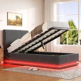 thumbnail of Merax Einzelbett 90x200, Polsterbett mit LED & USB-C, höhenverstellbarem Kopfteil & Unterbett-Stauraum, Cord, Grau