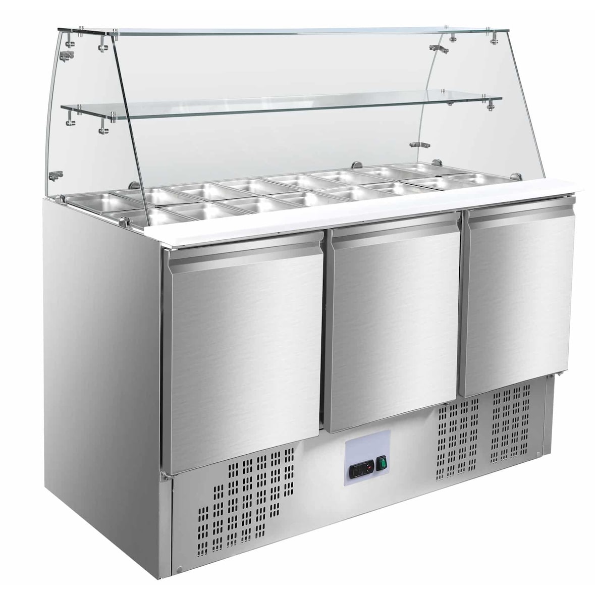 Saladette - 1,37 x 0,70 m - mit 3 Türen - eckigem Glasaufsatz - IDEAL