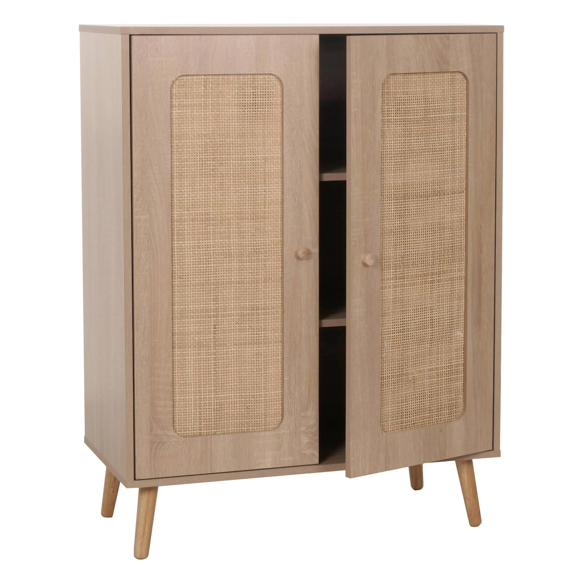 Highboard HWC-M38, Kommode Schrank Sideboard, Staufächer, Kubu Rattan Holz 106x80x41cm ~ Eiche-Optik