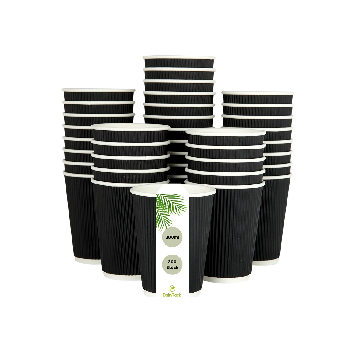 DeinPack 200 Riffelbecher schwarz 300 ml doppelwandig  to Go Pappbecher aus schwarzem Kraftkarton  Kaffeebecher