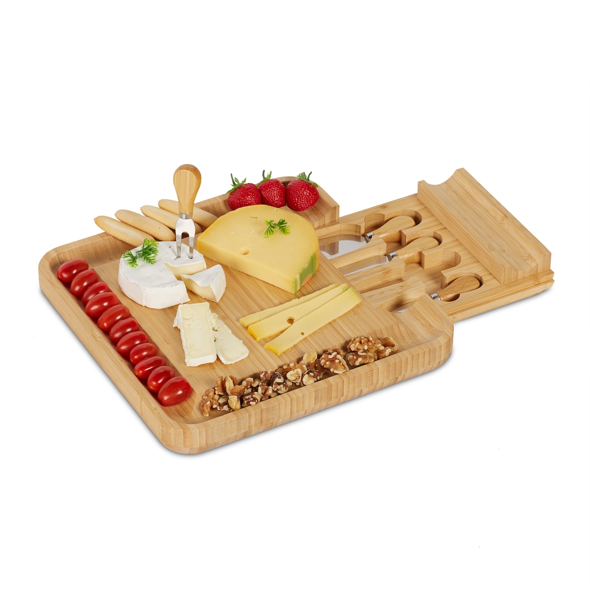 Relaxdays Käsebrett mit Käsemesser Set, HBT: 4 x 33 x 33 cm, Bambus Käseplatte mit Schublade, 4-tlg. Käsebesteck, natur