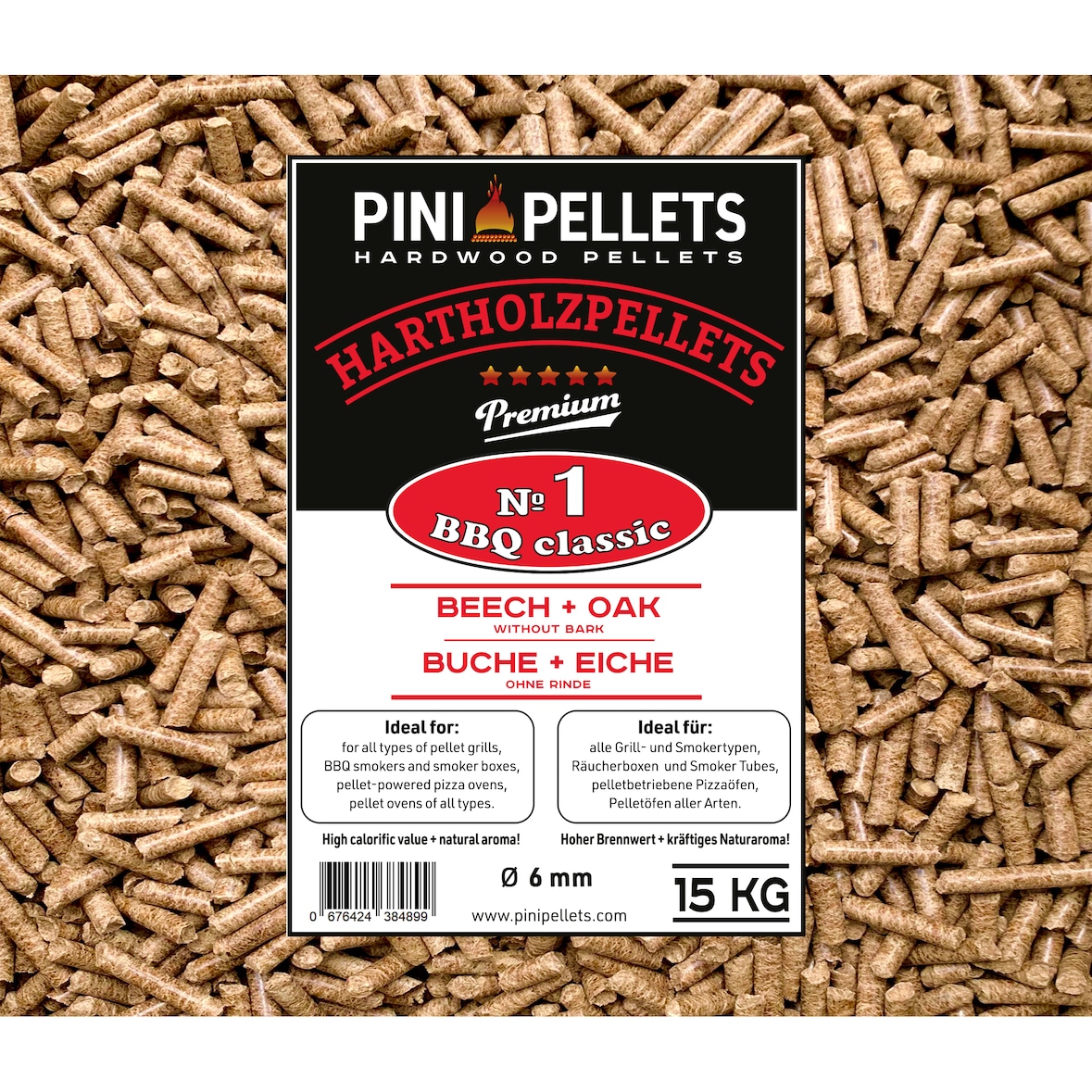 15 kg Hardhout pellets PINI No. 1 BBQ Classic grillpellets voor grillen, roken, ook voor pizzaovens met pelletbediening
