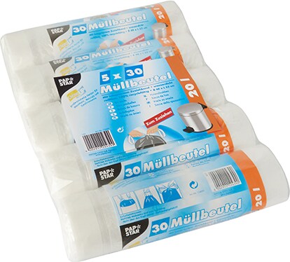 PAPSTAR 750 Müllbeutel mit Zugband, HDPE 20 l 55 cm x 48 cm transparent