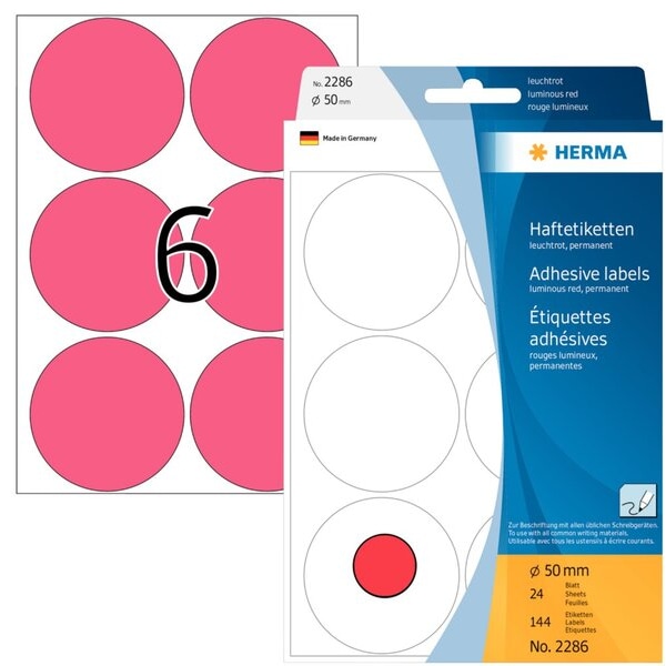 HERMA Markierungspunkte, Durchmesser: 50 mm, leuchtrot