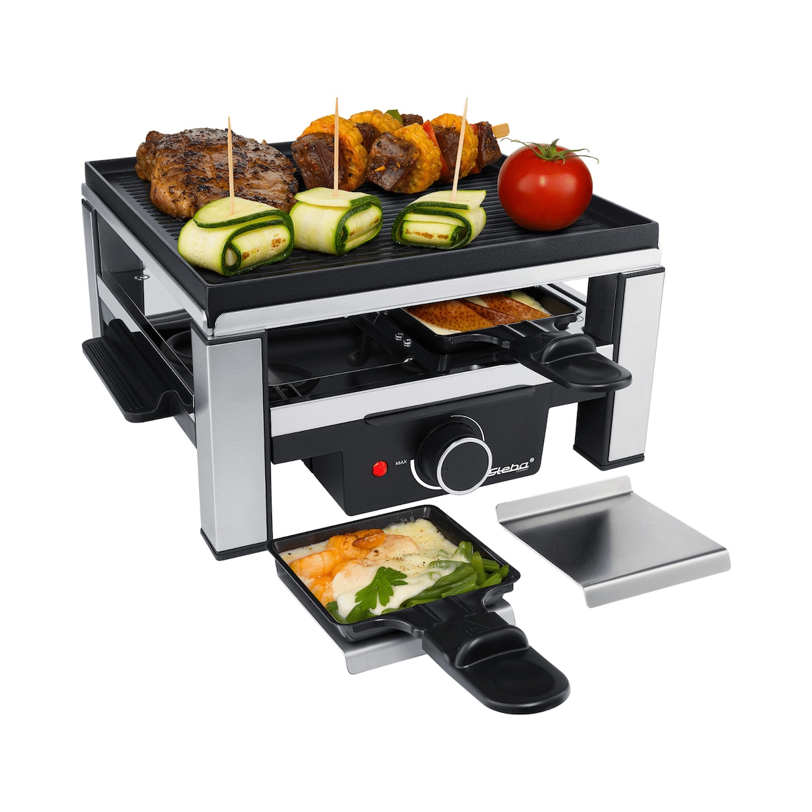 Steba Raclette RC 104 mit 4 Pfännchen, Grillplatte und Pfännchenablagen