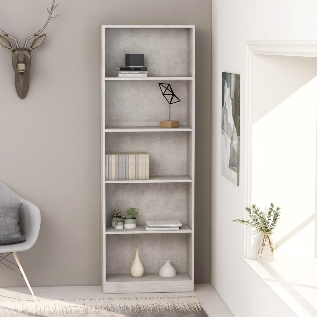 vidaXL Bücherregal 5 Fächer Betongrau 60x24x175 cm Holzwerkstoff