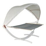 thumbnail of Hängematte HWC-J47, Hängeschaukel bis 200kg Sonnendach MVG-Holzgestell 420cm 2 Personen ~ weiß, grau