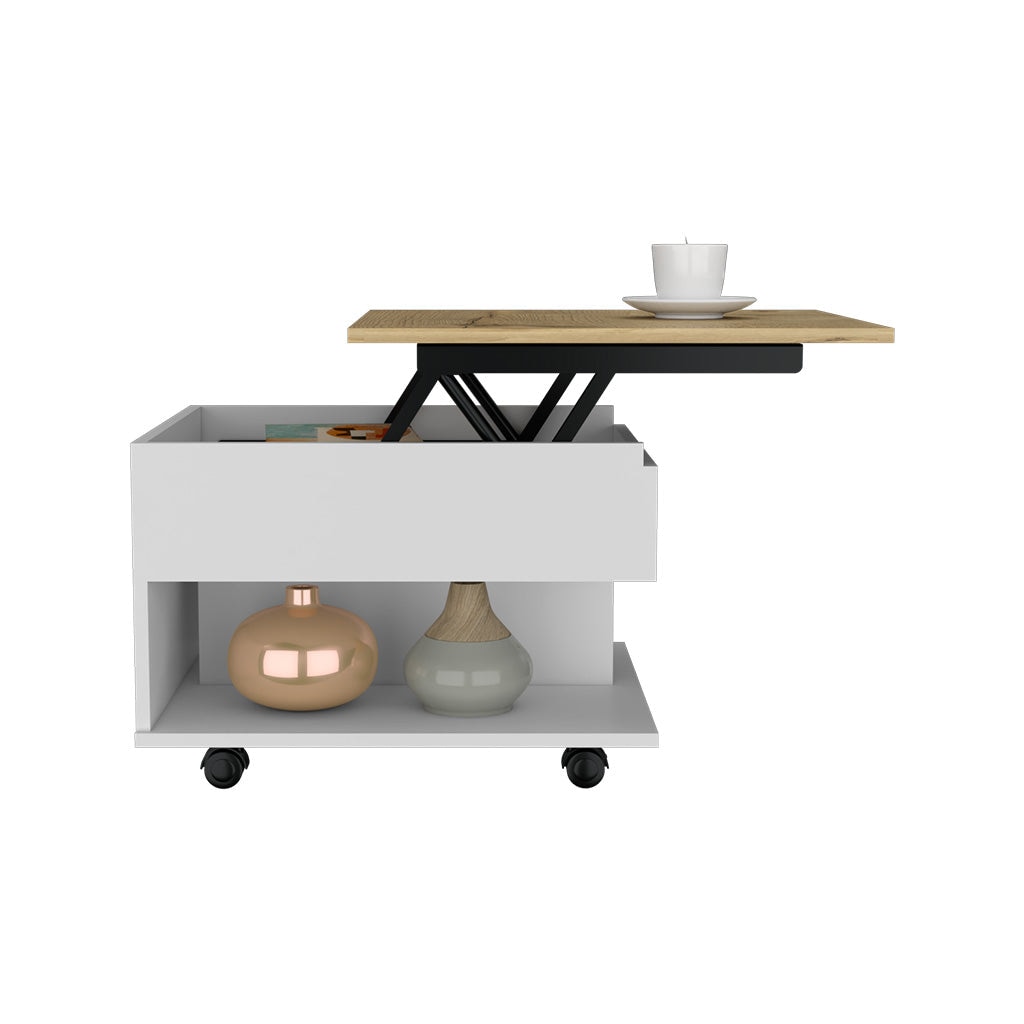 Mesa de centro elevável Luanda em melamina com 2 prateleiras e 4 rodízios, multicolor, 29.7 cm X 80 cm X 54.5 cm