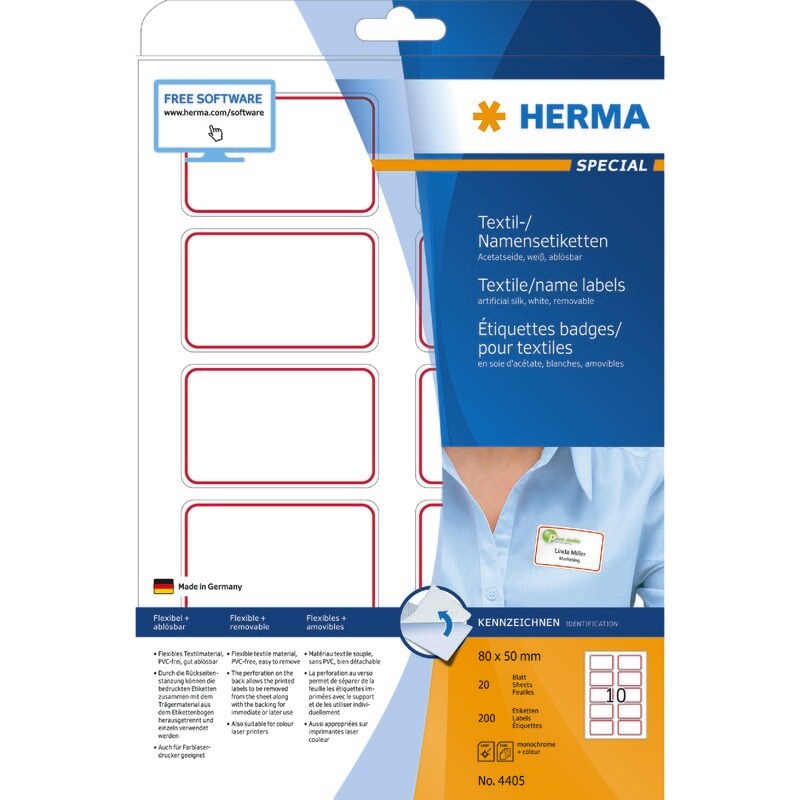 HERMA Textil-/Namensetiketten 4405, weiß, roter Rand, 80 x 50 mm, Pack: 200 Stüc