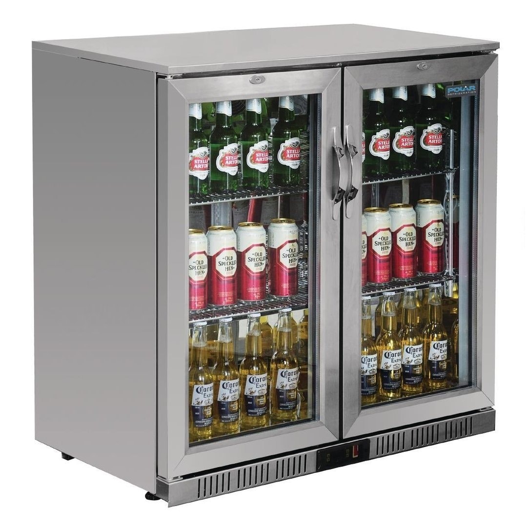 Expositor de bebidas de balcão, 2 portas basculantes, aço inoxidável/alumínio/vidro, 90x90x52cm, 230W, refrigeração por ar, 208L, Polar GL008