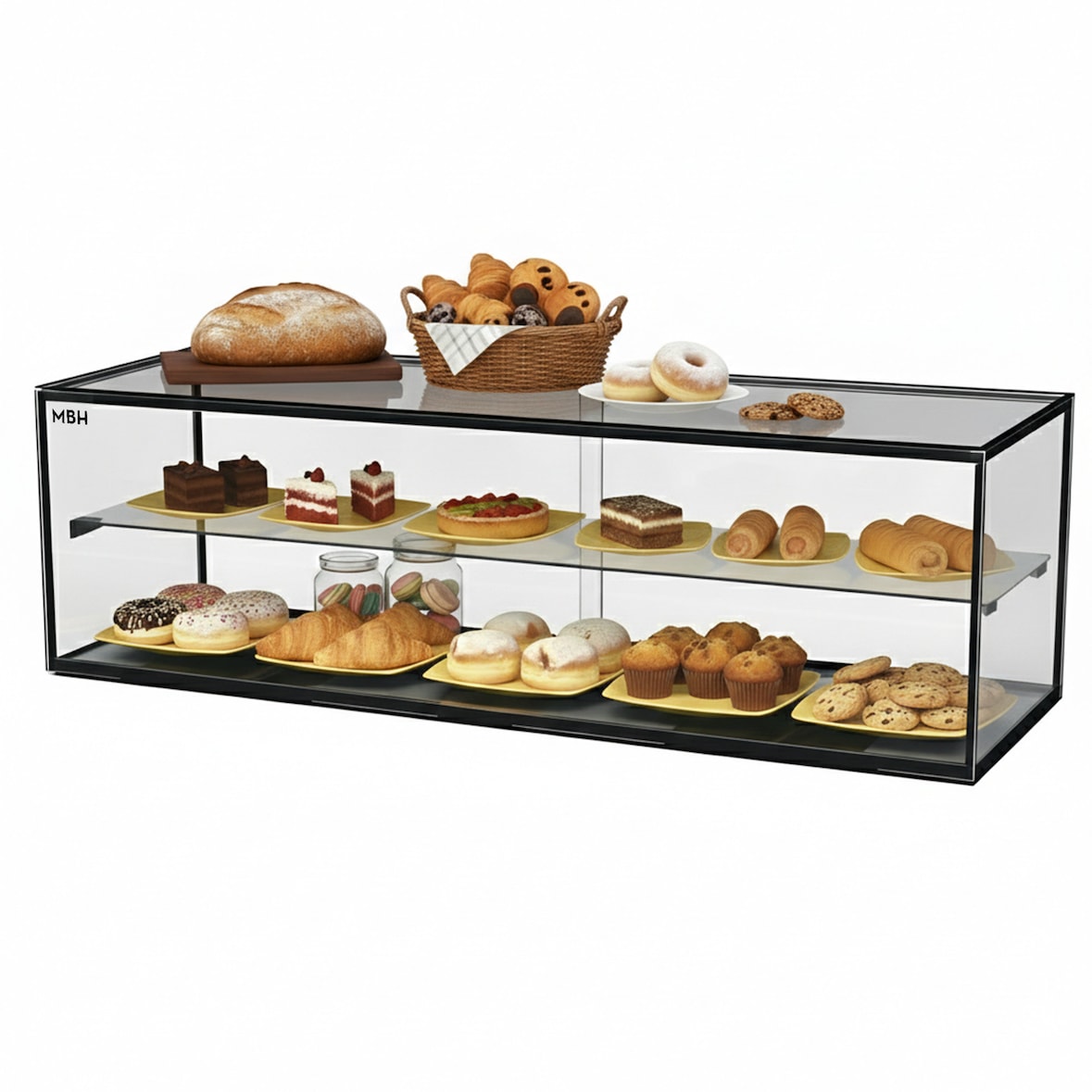 MBH - Neutrale vitrine 120 cm 2 etages voor catering. Neutrale glazen vitrine voor gebak en taarten.