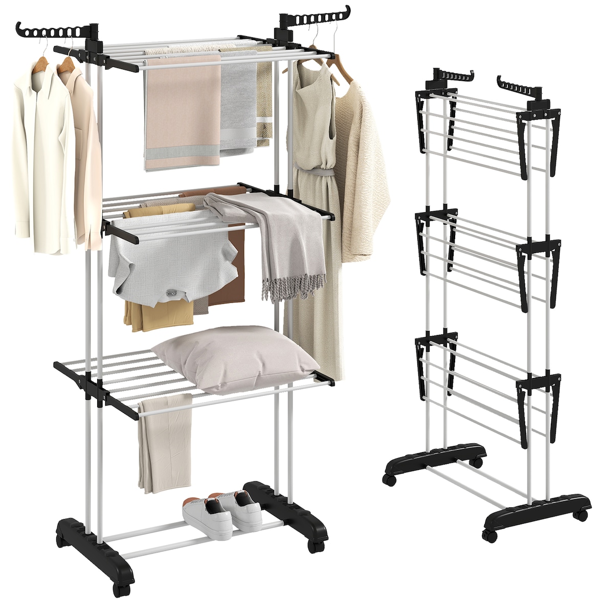 HOMCOM tendedero plegable para ropa con ruedas tendedero vertical de acero de 3 niveles con alas plegables y colgadores giratorios 73x64x172 cm
