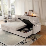 thumbnail of Kombinationssofa aus Cordstoff Beige, ausziehbar als Schlafsofa, mit Stauraum, USB/Type-C, Becherhaltern und Tisch